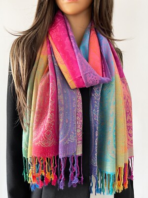 Pink Ladies Long Bright Rainbow Multi Colour Paisley Scarf Pashmina Shawl  Wrap UK