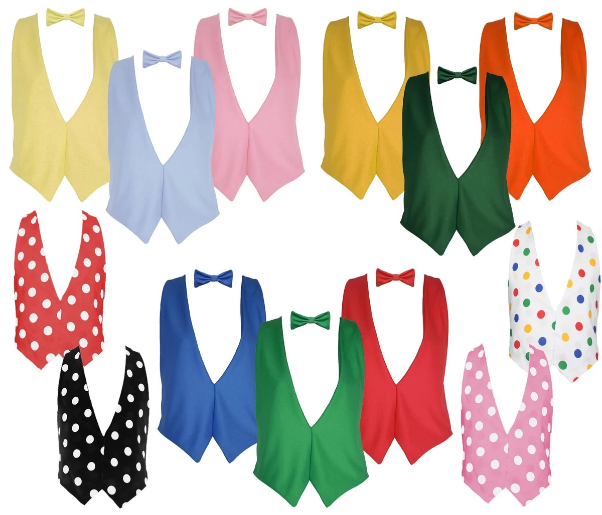 L XL Backless Bright Coloured Polka dot Waistcoat Dicky Bow Tie