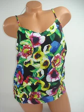 Attention Womens Tank Top Blouse Shirt Cami Green Floral Ruffled