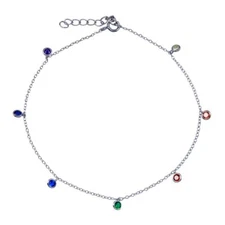 Sterling Silver Link Chain Anklet Bracelet w/ Dangling Multicolor CZ Stones