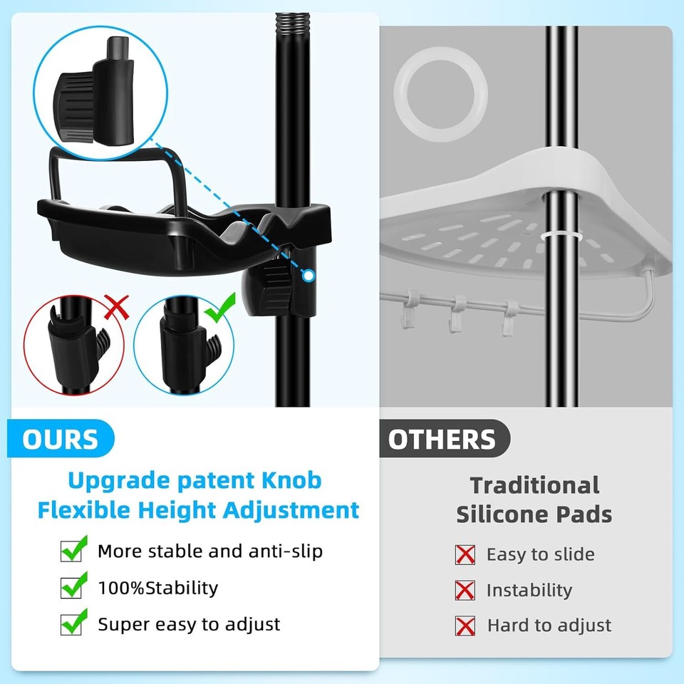 32122inch Corner Shower Caddy Tension Pole Black, Rustproof DrillFree