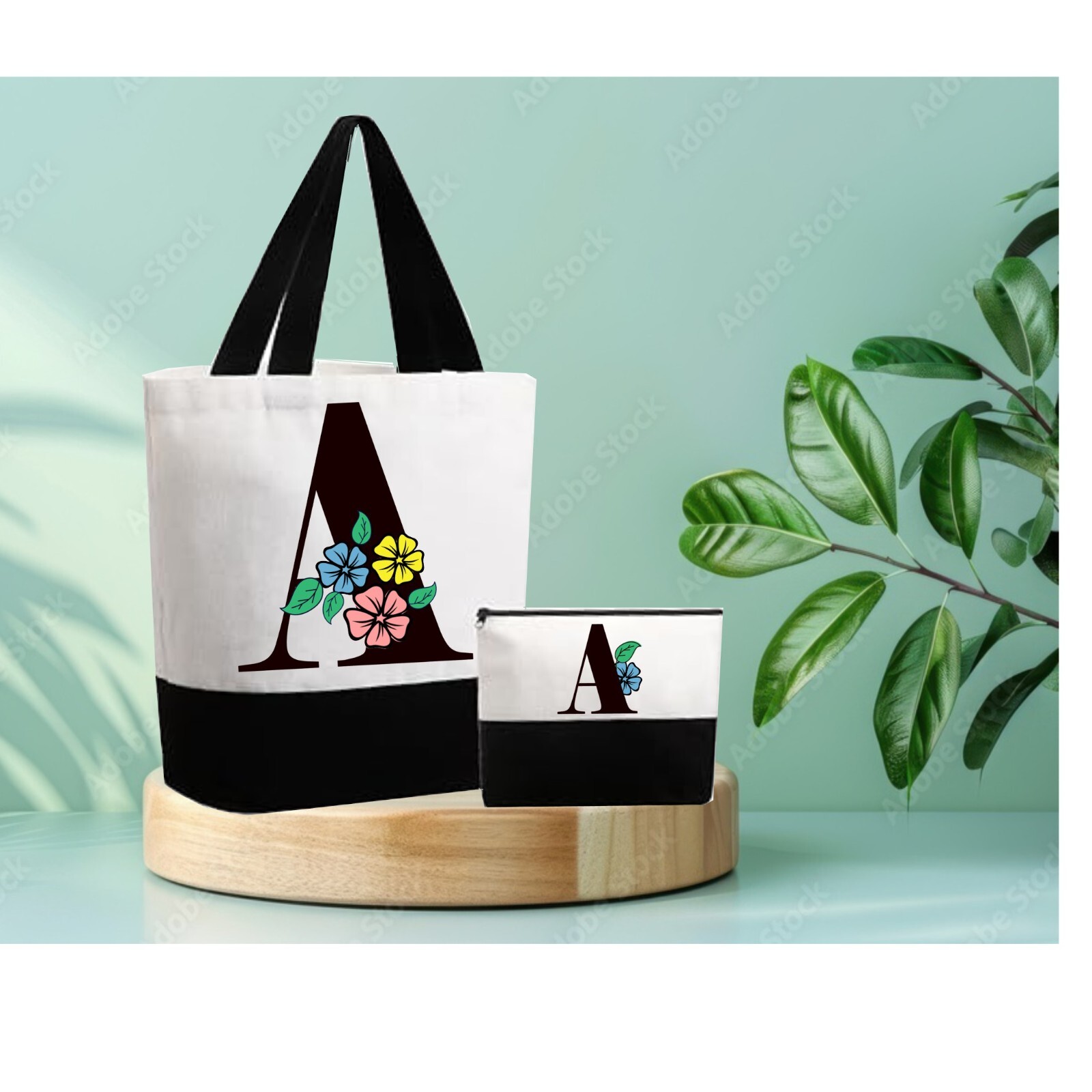 Personalized Initial A Tote Bag with Bonus Free Makeup Pouch