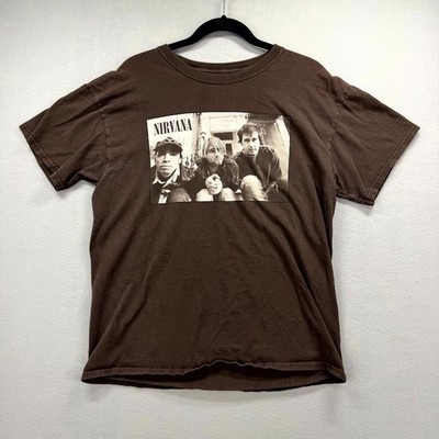 Vintage Nirvana Kurt Cobain Band T Shirt Mens Large Brown Graphic Y2K Crew Neck