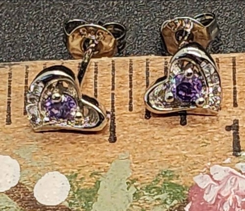 Sterling Silver Heart Stud Earrings with Amethyst Stones