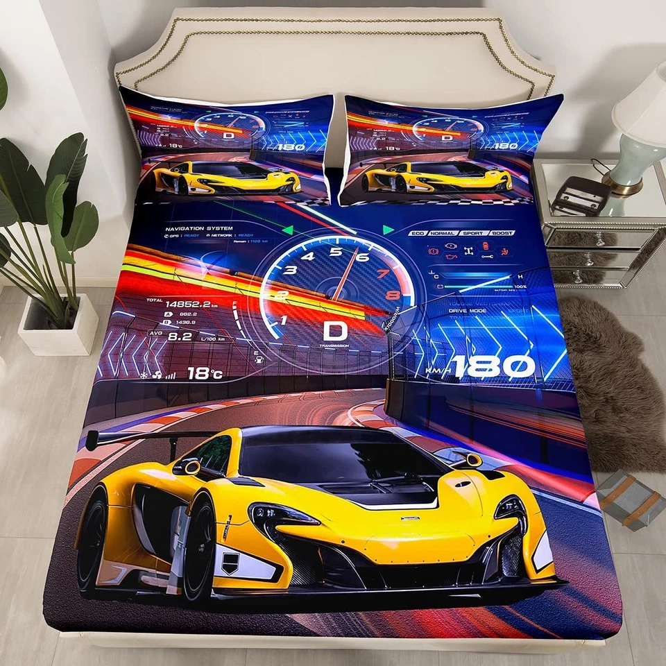 Blue Yellow Sports Car Sheet Set Race Car Bed Sheets for Kids Boys Extreme Sp... - Image 3 of 4