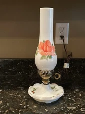 Vintage Hand painted Hurricane Milk Glass Side Table Lamp, Pink Rose, Works!
