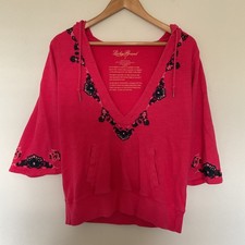 Lucky Brand Embroidered Boho Deep V-Neck Hoodie Sweatshirt L Pink Fairy Grunge