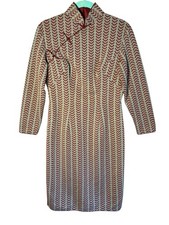VTG Burgundy Geometric Qipao Dress Cheongsam 70s EUC Sz S/M 36-38/30 Read