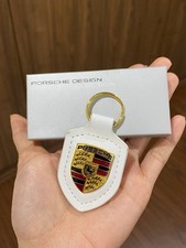 Porsche White Leather Crest Key Ring FOB Chain WAP0500950E Genuine - New In Box