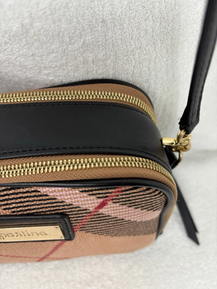 Spartina 449 Plaid Pink Black Tan Camera Bag 2-Zip Comp. Crossbody Linen Leather - Image 2 of 4