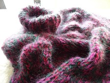 Mohair Pullover Gr. L Grün Magenta Schwarz Handstrick Rollkragen