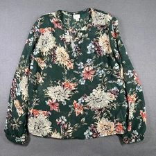 A New Day Blouse Womens Medium Green Floral Long Sleeve Pullover Lightweight Top