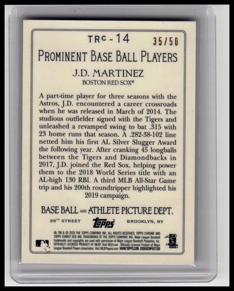 2020 Topps J.D. Martinez Turkey Red 2020 Chrome Blue Refractor #/50 #TRC-14 - Image 2 of 2