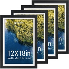 12x18 Poster Frame Set - 4 Pack, Black Solid Wood Picture Frames - Tempered G...