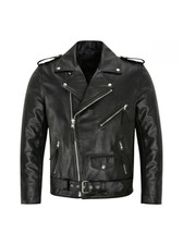 Men's Black Real Sheepskin Leather Biker Jacket Motorcycle Cafe Racer Coat