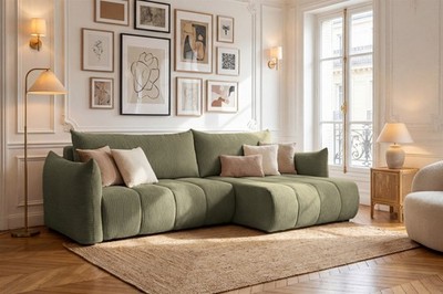 Ecksofa Schlafsofa ONTARIO in Stoff Poso Olivgrün Ottomane Rechts