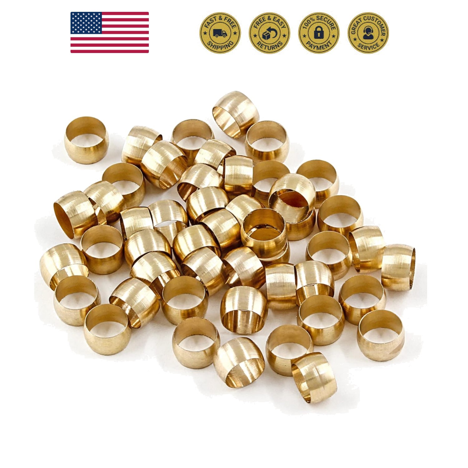Brass Compression Fitting, 5/16" Tube OD, 50 Pcs