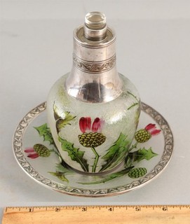 Antique Art Nouveau Enamel & Silver plate Scottish Thistle Glass Perfume Bottle