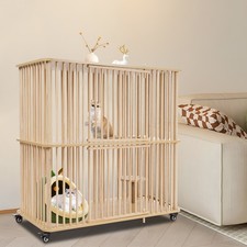 2 Tiers Cat House Wooden Large Cat Villa Double Door Cat Cage With Wheels