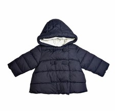 JACADI Paris Baby Girl Puff Jacket with Hood Navy Blue Zip Front Bow Details 12M