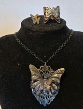 Trendy Butterfly Jewelry 3 Piece Set Adjustable Ring Pendant Necklace  Earring
