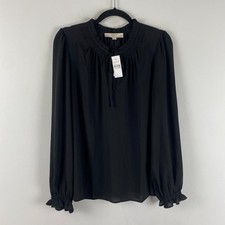 LOFT Ruffle Tie Neck Blouse Size Large Black Puff Sleeve