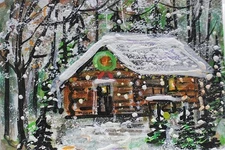 ACEO Original  PAINTING Winter XMAS HOUSE Cabin Trees Snow Holiday Landscape ART