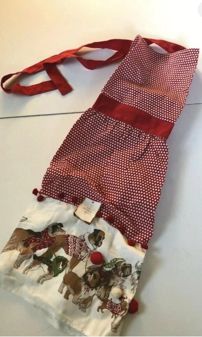 NEW Pier 1 Imports Park Avenue PUPPIES APRON CHRISTMAS DOGS Red/White POLKA DOTS
