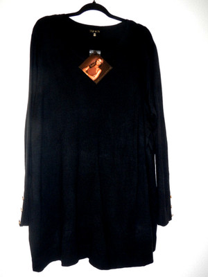 IMAN 3X NWT Black Long Gold Button Trim Sleeve Soft Tunic Sweater