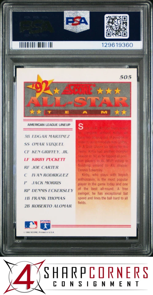 1993 SCORE #505 KIRBY PUCKETT TWINS HOF PSA 10 - Image 2 of 3