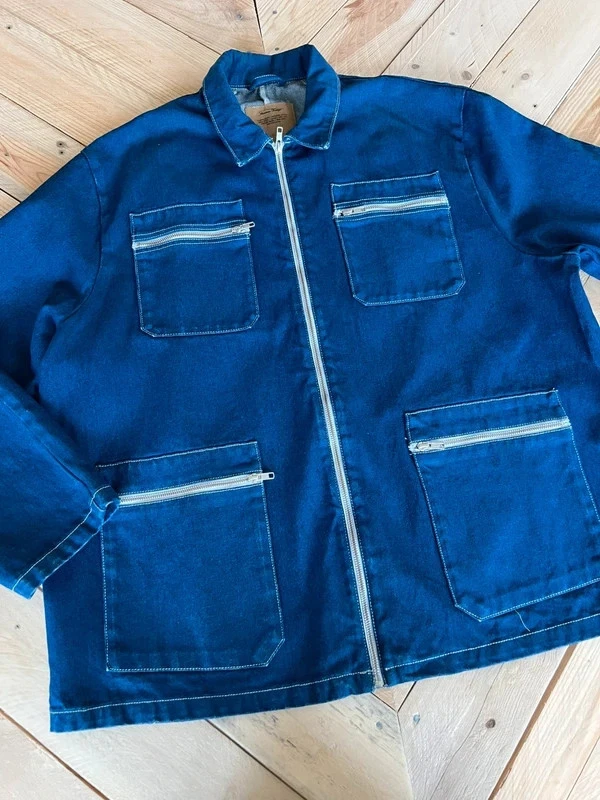American Vintage Blue Denim Jacket Oversized Size Medium Collar Large Pockets