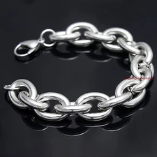 14mm Heavy Strong Silver 316L Stainless Steel Rolo Link Chain Men's Bracelet 9''