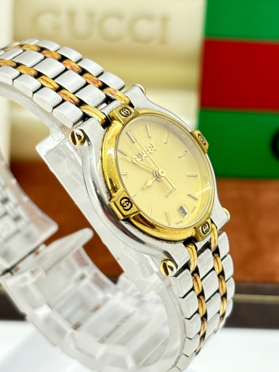 Exc+5 w/Box ] Gucci 9000L Two Tone Steel Gold Dial Quartz Watch