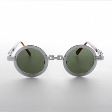 Round Silver Vintage Sunglass with Chain Bridge and Green Lens - Link