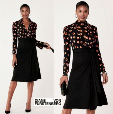 Diane Von Furstenberg DVF Floral Print Wrap Dress with Mock