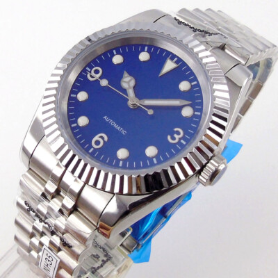 39mm Stainless Steel Automatic Men's Watch NH35A Movement Fluted Bezel Blue Dial