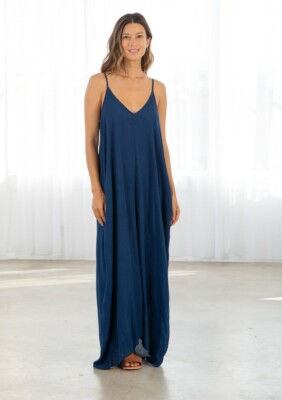 LOVE STITCH Pacific Blue Gauzy Mila Cocoon Maxi Dress w/ Pockets Slouchy  S/M M/L | eBay