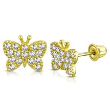 14K Yellow Gold Butterfly Insect White Clear CZ Small Girls Stud Earrings, 0.25"