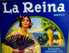 La Reina Oranges Fruit Crate Label Original Vintage 1940's Fan Lady In Kimono