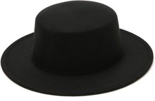 Black Wool Blend Fedora Hat Flat Brim Bowler Cap Panama Style Jazz for...