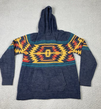 Xray Jeans Sweater Mens LG Blue Aztec Hooded Kangaroo Pocket Stretch Southwest