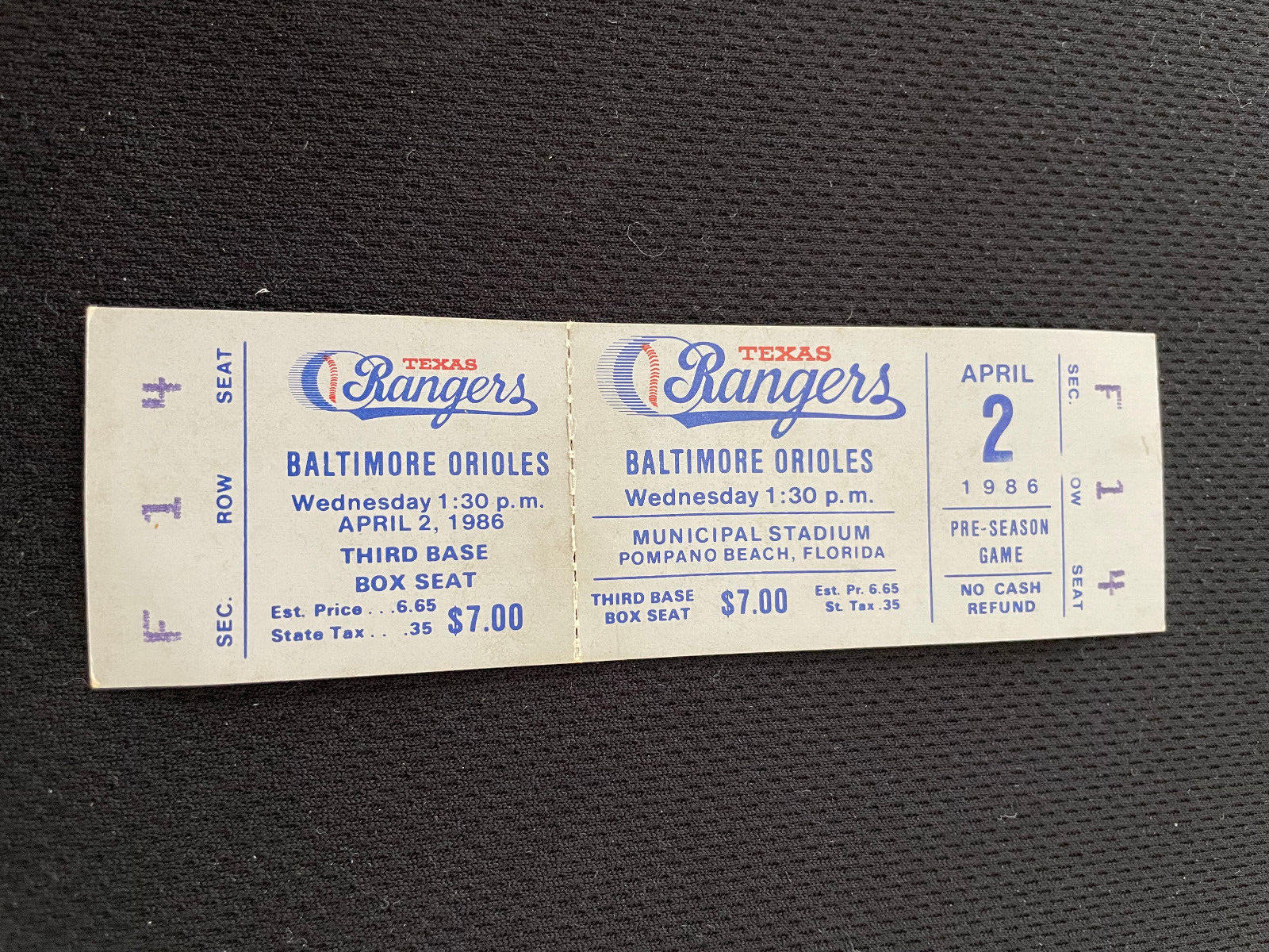 TEXAS RANGERS VS ORIOLES 421986 SPRING TRAINING BASEBALL GAME TICKET