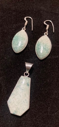 Tree Agate Green And White 925 Silver Handmade Pendant & Earrings Set 1.95" inch - 第 2/12 張圖片