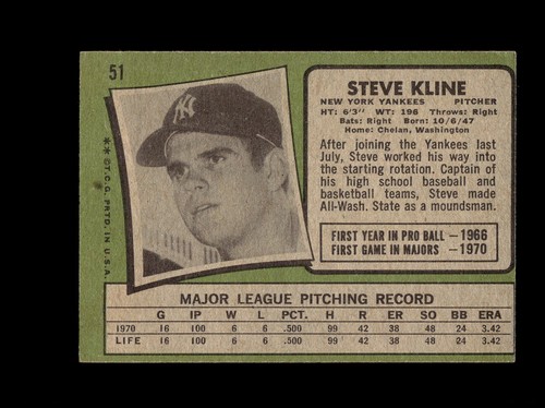 New York Yankees Steve Kline #51 Topps Baseball Very Good Rookie top - Picture 2 of 2