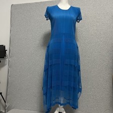 Eccleinn Dress Womens Small Blue Azure Short Sleeve Sheer Mesh Pleated Overlay