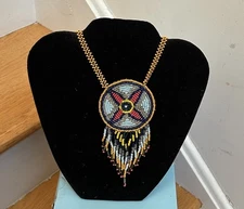 VTG Native American Navajo Starburst Seed Bead Leather Medallion Necklace B13