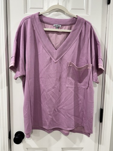 White Birch 1X Pink Oversized V Neck Pocket Top Exposed Seam Relaxed Tunic