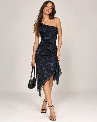 Vtg City Triangle Y2K Blue Floral Glitter Asymmetrical Ruched Midi Dress M Fairy - Image 1 of 4