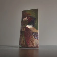Vintage Small 5 X6 Wooden Painting of A Pheasant Signed by Artist