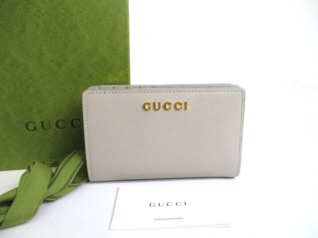 Authentic GUCCI Gold Logo Script Gray Leather Bif… - image 1